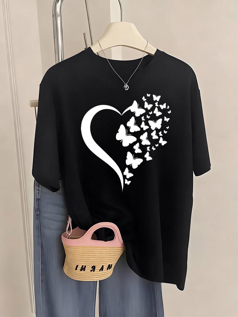 Butterfly Heart Printed T-Shirts Womens Casual Loose T Shirts O-Neck Soft Short Sleeve Tops Summer Comfortable Woman Clothes