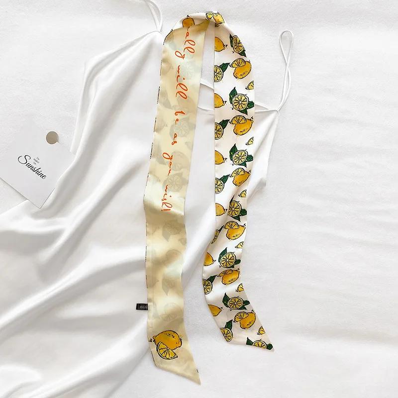 Long Skinny Hair Scarf For Women Fashion Fruit Print Kerchief Cute Headband Silk Satin Neck Scarfs 7*130cm Band Bag Scarves
