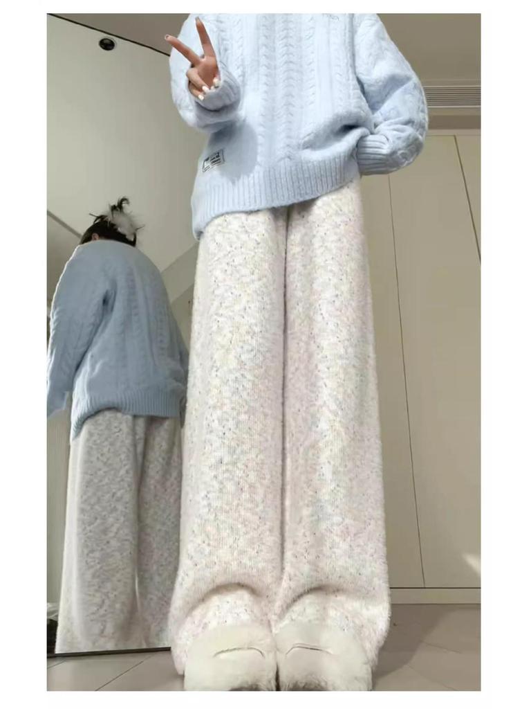 150 Rainbow Dots High-Waist Petite Knitted Wide-Leg Fleece Pants for Women