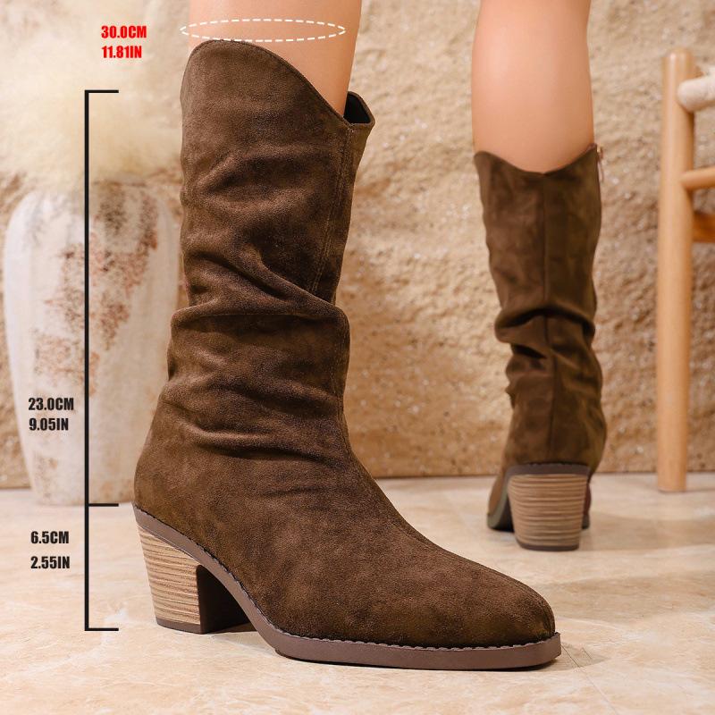 Thick heel pointed tip pleated pile boots women's autumn and winter new retro short boots matte soft leather fashion boots women