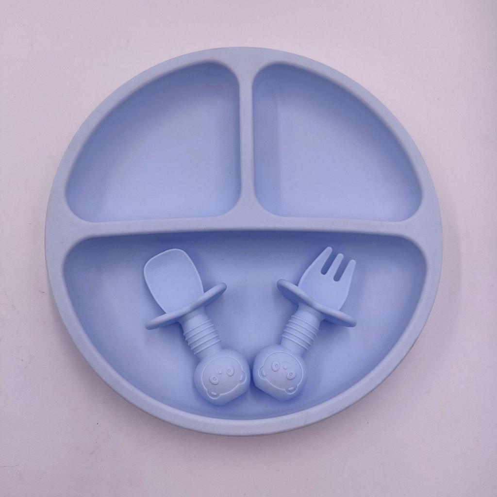 Silikon Smiley-Gesicht Kinderplatte mit unterteilten Abschnitten, Gabel- und Löffelset