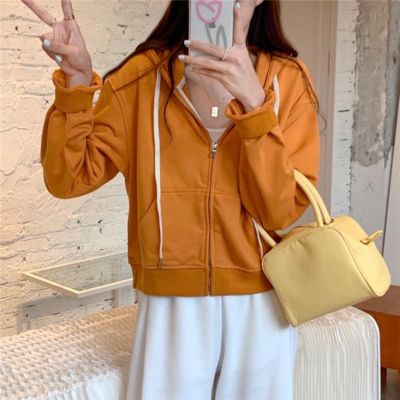 Chic Hong Kong Style Women's Zipper Hoodie - Spring/Autumn 2023, Thin & Short for Petite Frame, Versatile Cardigan