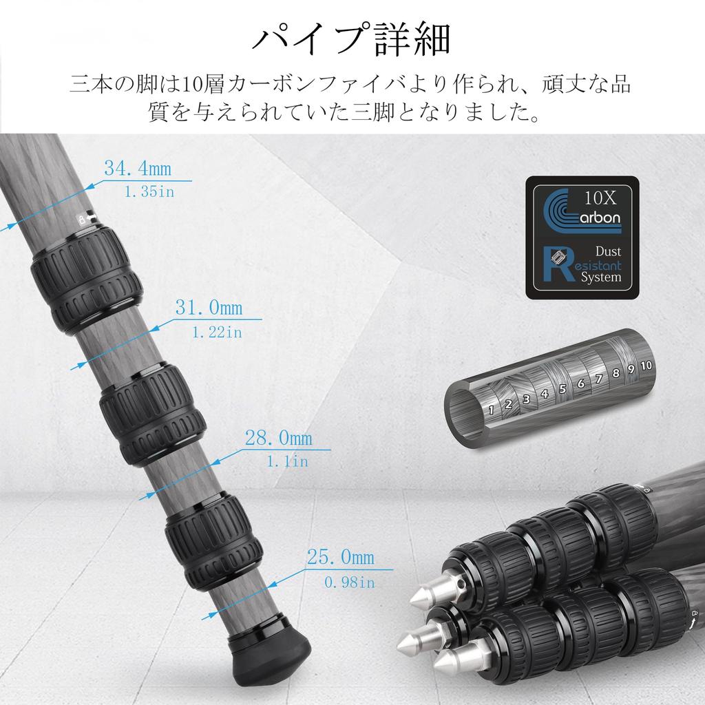 INNOREL Carbon Tripod for Cameras Large Adjustable Monopod Load Capacity 35KG 4 Tiers Tube Diameter Bowl Adapter 75MM Nut Lock Type Video Digital