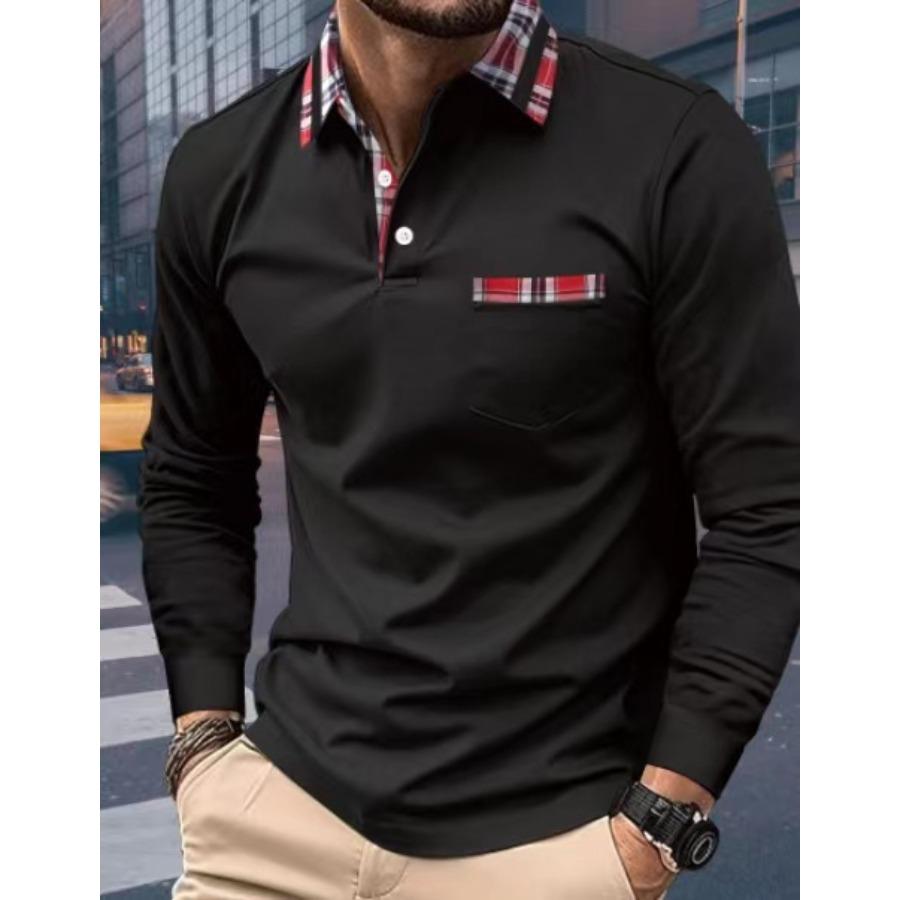 Long Sleeve Lapel Polos Shirts Check Patchwork Tops Men's Casual Spring Autumn Sports Polo Shirt