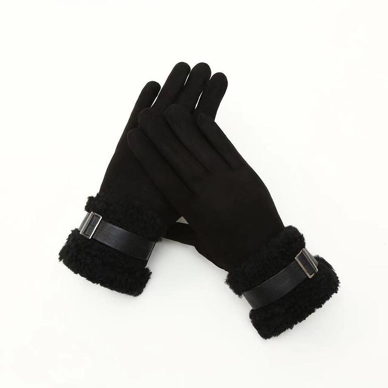 Plush Cuff Metal Buckle Suede Gloves Solid Color Thickened Warm Gloves Women's Stylish Versatile Cold-proof Gloves