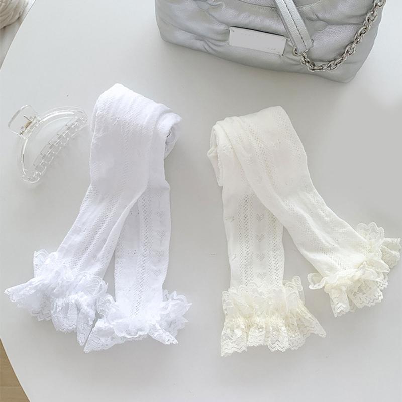 Women Hollowout Heart Pattern Fishnet Tights No Toes Pantyhose High Waist Footless Ruffle Lace Trim Leggings Stockings