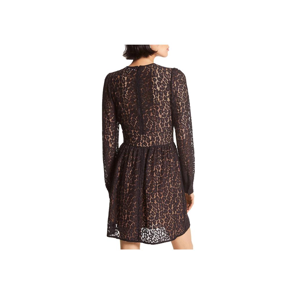 Michael Kors Solid Animal Print Waist-Defining Long Sleeve Dress Women dresses Black MF281983TQ-001