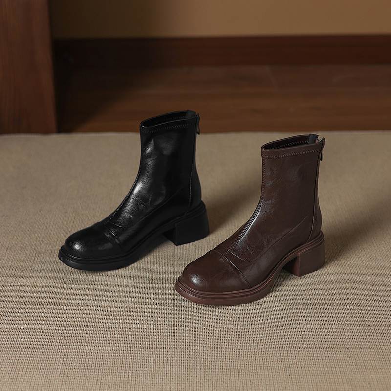 Krazing Pot Microfiber Round Toe Chunky Heels Motorcycle Boots Size 42 Zip Women Pleated Decoration Platform Ankle Boots