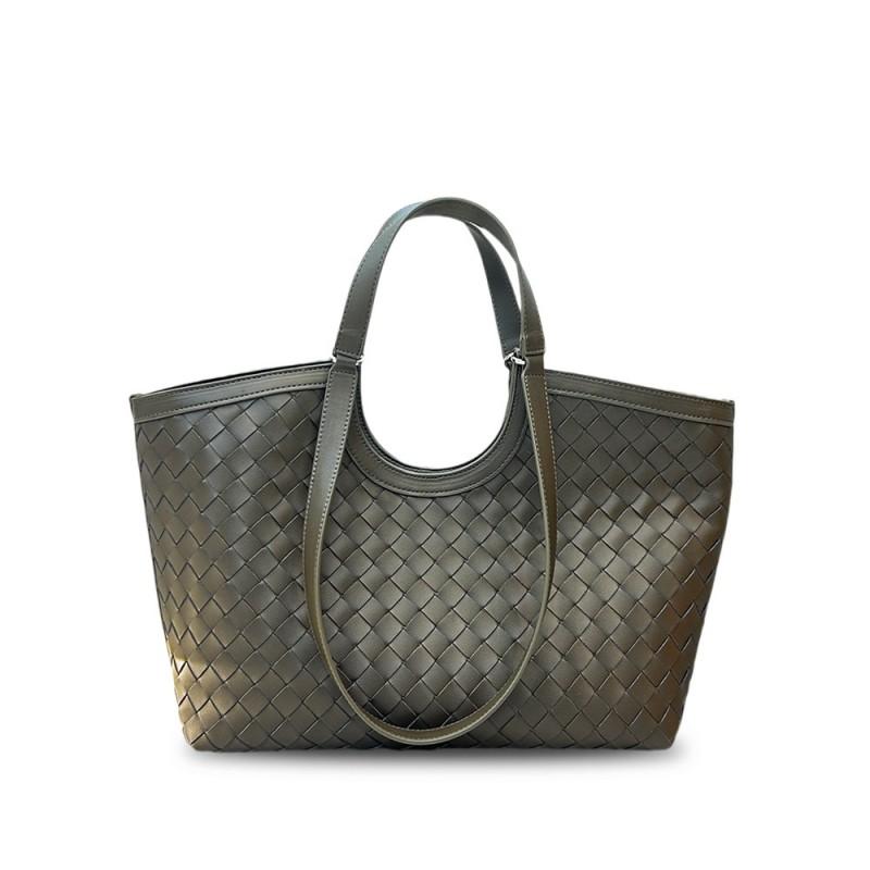 Vintage Leather Woven Tote Bag Women Large Capacity Shoulder With Magnetic Soft Genuine Cowhide