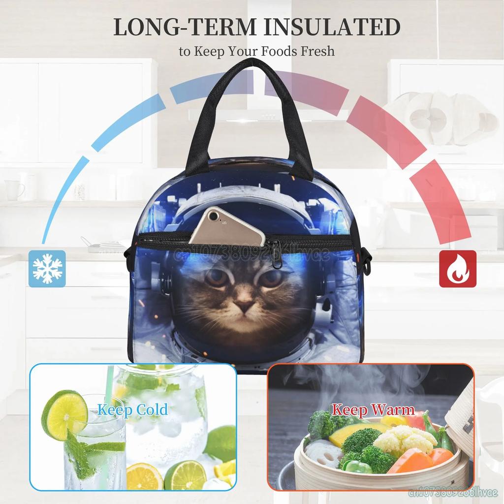 Space Cat Astronaut Lunch Box Insulated Lunch Bag Boys Cooler Tote Girls Shoulder Strap Reusable for School Picnic Travel Office