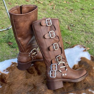 Classic Metal Buckle Sexy Slim Knee-High Women'S Boots New Black Brown Leather 5cm Square Heel Autumn Winter Platform Shoes