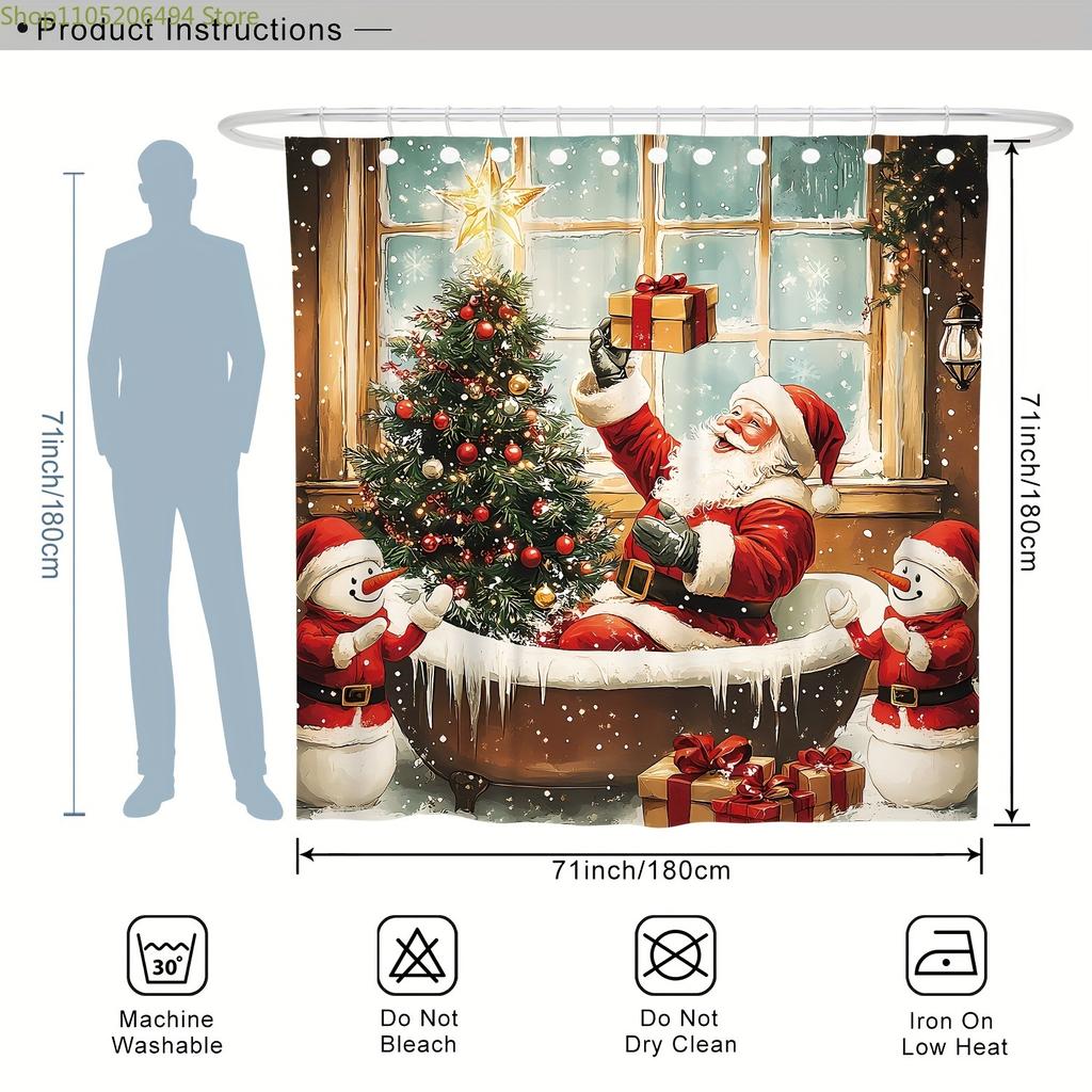 1/4pcs Christmas Winter Santa Tree Snowman Cute Funny Red Green Shower Curtain Set with Shower Curtain and Rugs Polyester Deco