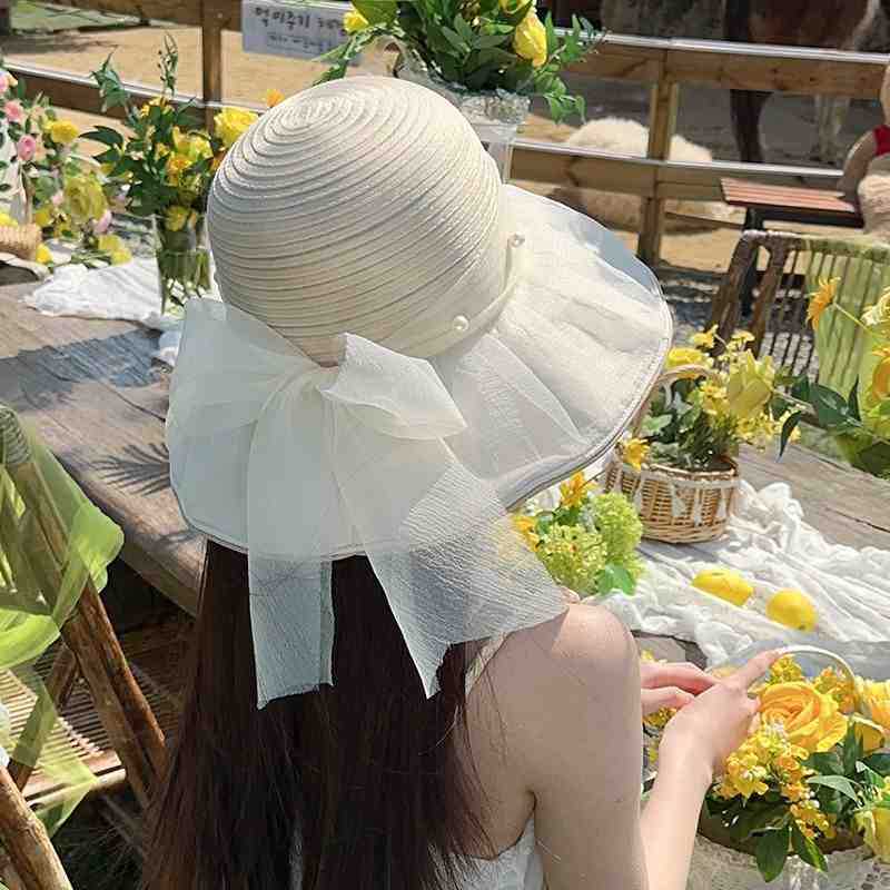 Hut Damen Sonnenschutz große Krempe Fischerhut Netz Schleife Sommer Sonnenschutz atmungsaktiver Sonnenhut