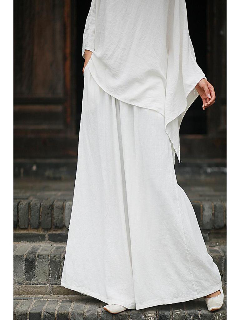 Damski Retro Cool Lniany Zestaw Top & Spodnie z Szerokimi Nogawkami - Dostępny w 3 Kolorach