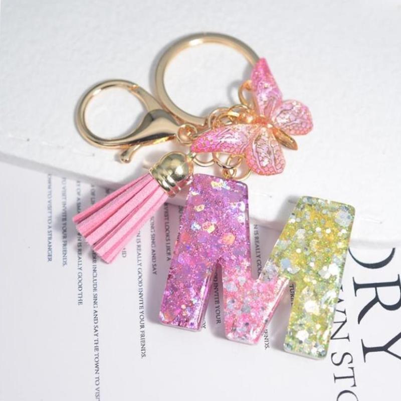 Fashion 26 English A-Z Initial Letter Resin Keychain Cute Butterfly Tassel Keyring Backpack Charm Pendent Accessories Gift