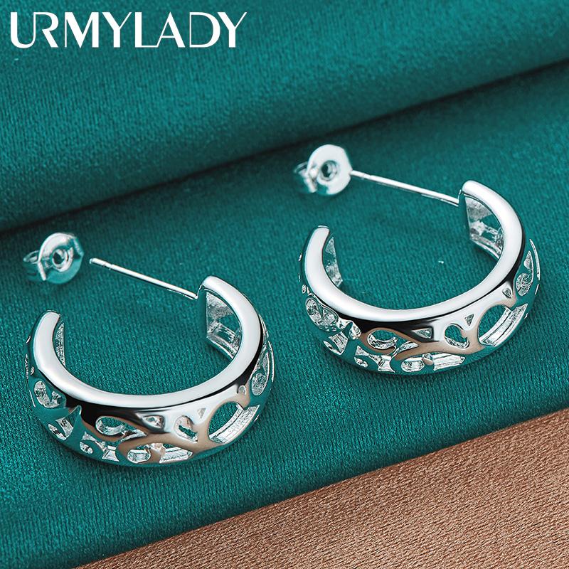925 Sterling Silver Semicircle  Hollow Plant Stud Earrings For Women Fashion Charm Jewelry