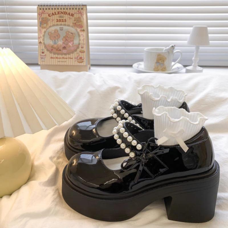 

Pearl bow small leather shoes autumn thick heel Velcro pink round head Mary Jane shoes 35 чёрный