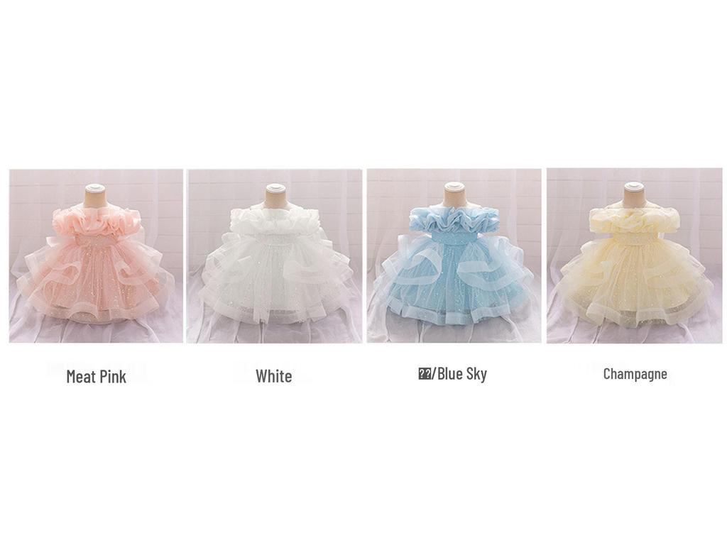 Kinder Schulterfreies Puffiges Prinzessin Mesh Kleid für Klavieraufführungen