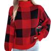 Women European Style Contrast Color Plaid High Neck Long Lantern Sleeve Pullover Sweater