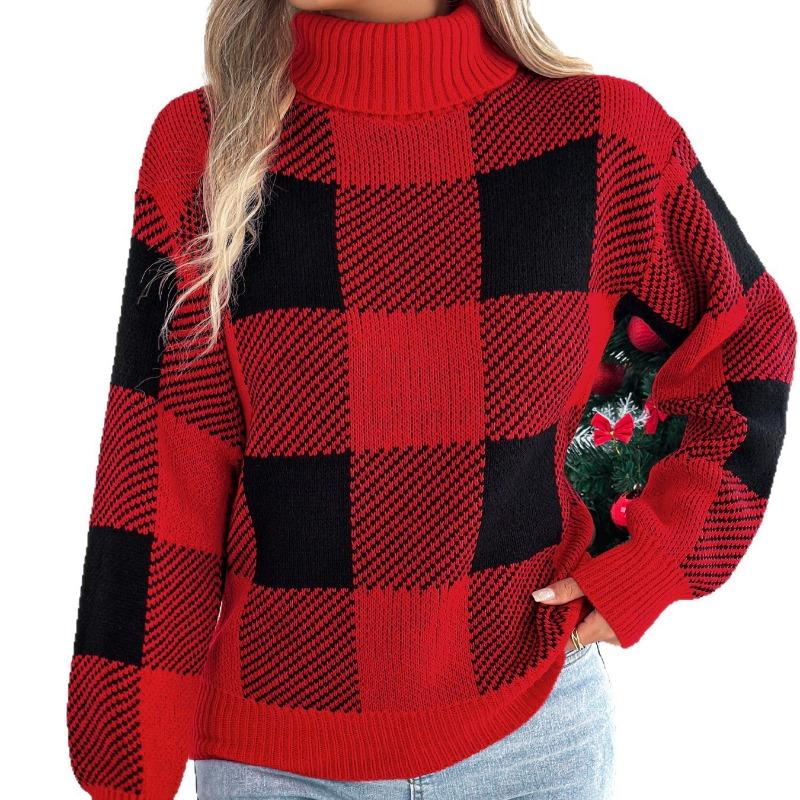 Women European Style Contrast Color Plaid High Neck Long Lantern Sleeve Pullover Sweater
