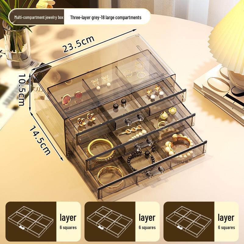 Transparent Acrylic Jewelry Storage Box with 72 Compartments for Bracelets, Earrings, Necklaces, and Studs; Anti-Oxidation New Drawer Design.