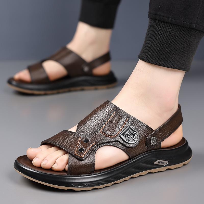 Men's sandals leather summer cowhide beach shoes 2025 new car wear non-slip dual-purpose dad men's sandals