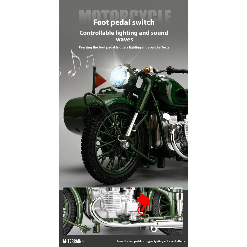 1/10 Alloy Die-cast 750 Tricycle Model, Retro Motorcycle Toys, Simulated Military Enthusiasts Collection Ornaments Gifts