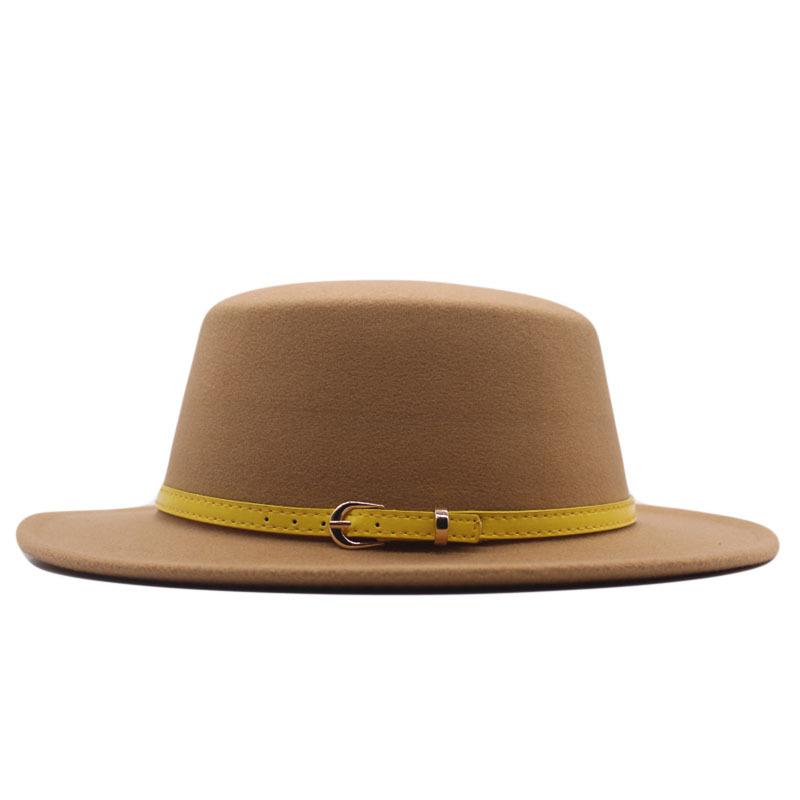 Hat Women's Woolen Top Hat Autumn and Winter Solid Color Retro Gentleman British Style Flat Top Belt Accessories Felt Hat