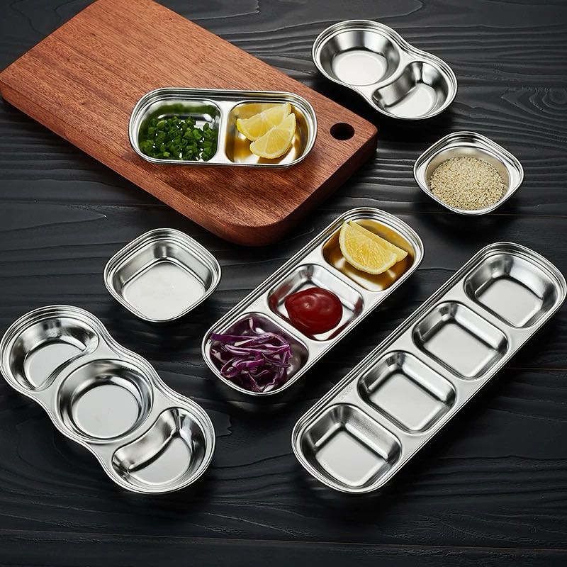 Outdoor Camping Stainless Steel Sauce Plate, Divided Sauce Dip Bowl,1/2/3 Ketchup Sauce Bowl, Picnic Barbecue Sauce Tray