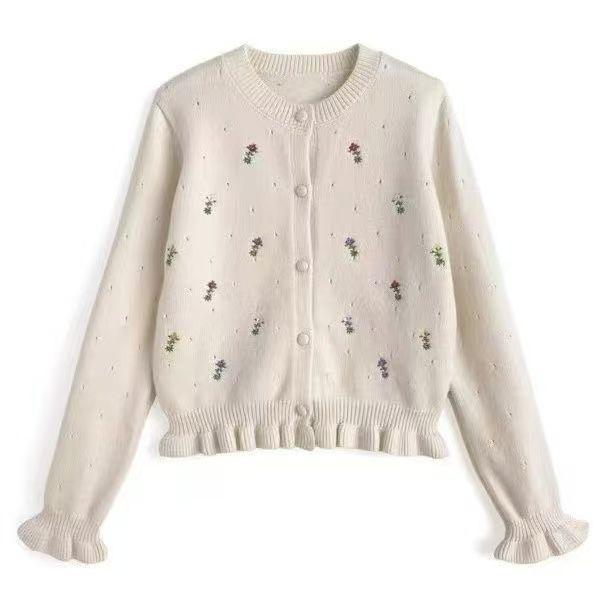 2026 Autumn/Winter Women's Floral Embroidery Knit Cardigan, Round Neck Korean Style Sweater Coat, Age-Reducing Design.