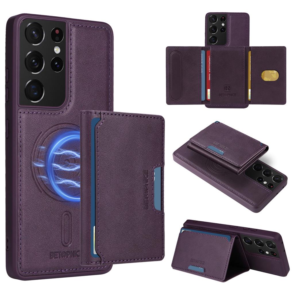 For Samsung Galaxy S21 Ultra 5G Magnetic Case BETOPNICE Leather Phone Cover Kickstand with Detachable Card Bag