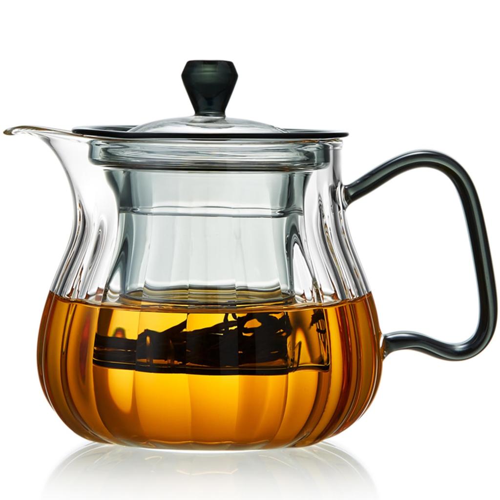Pokaro Tea Teapot, Heat-Resistant Glass, 580ml, Stovetop-Safe, Vertical Stripes, Back-Handed Design, Stylish Glass Pot, Microwave-Safe, with Lid and