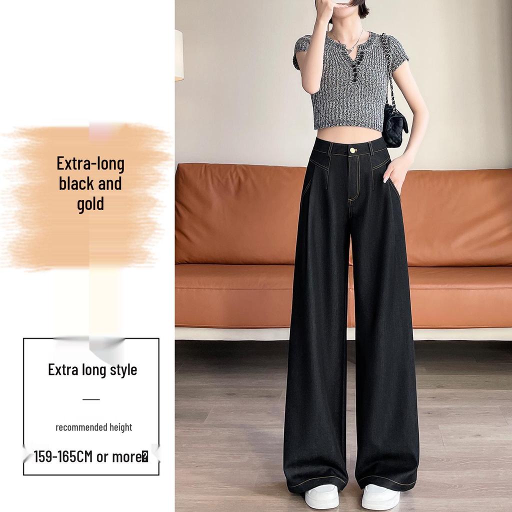 Women's Dark Blue Tencel High-Waisted Slimming Jeans, 2025 Spring/Summer Collection - Straight-Leg, Bright Stitching, Fashionable Draping Design.