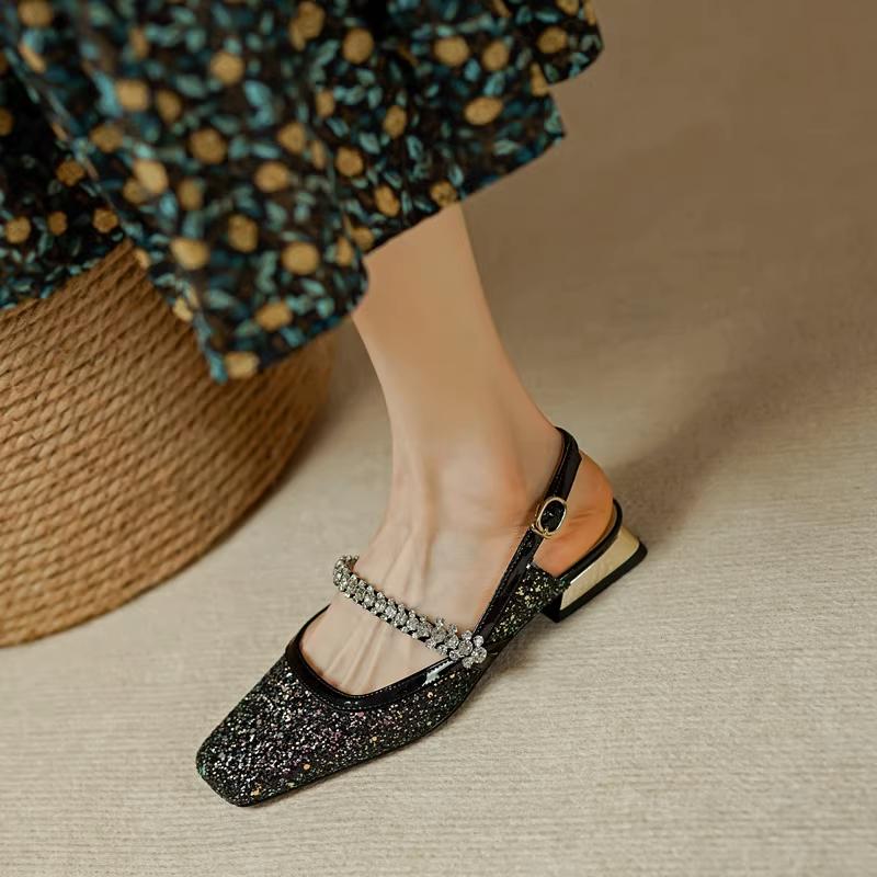 Fashion New Women's Rhinestone Sequin Crystal Shoes Square Toe Mary Jane's Baotou Sandals Buckle Belt Thick Low Heels Slingback Sandal
