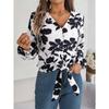 Ladies Autumn Winter Shirt Elegant Contrasting Flower Lantern Sleeve Lapel Blouses Fashion Casual Women's Top