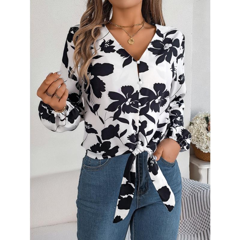 Ladies Autumn Winter Shirt Elegant Contrasting Flower Lantern Sleeve Lapel Blouses Fashion Casual Women's Top
