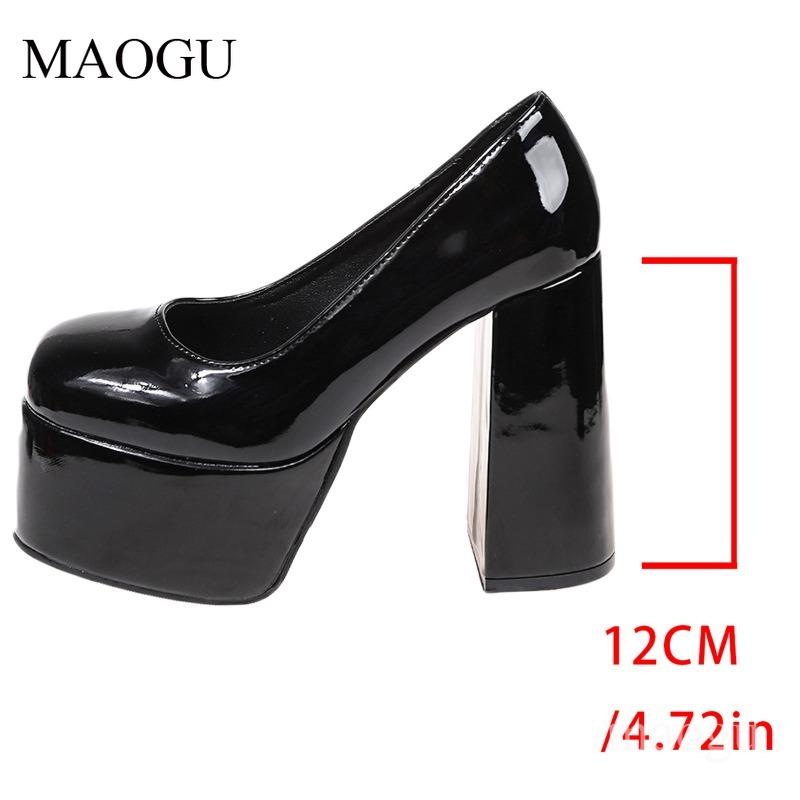

Chunky Block High Heels for Ladies Patent Leather Pumps Round Toe Women s Platform Shoes Non-Slip Elegant Slip-on Female Shoes 38
