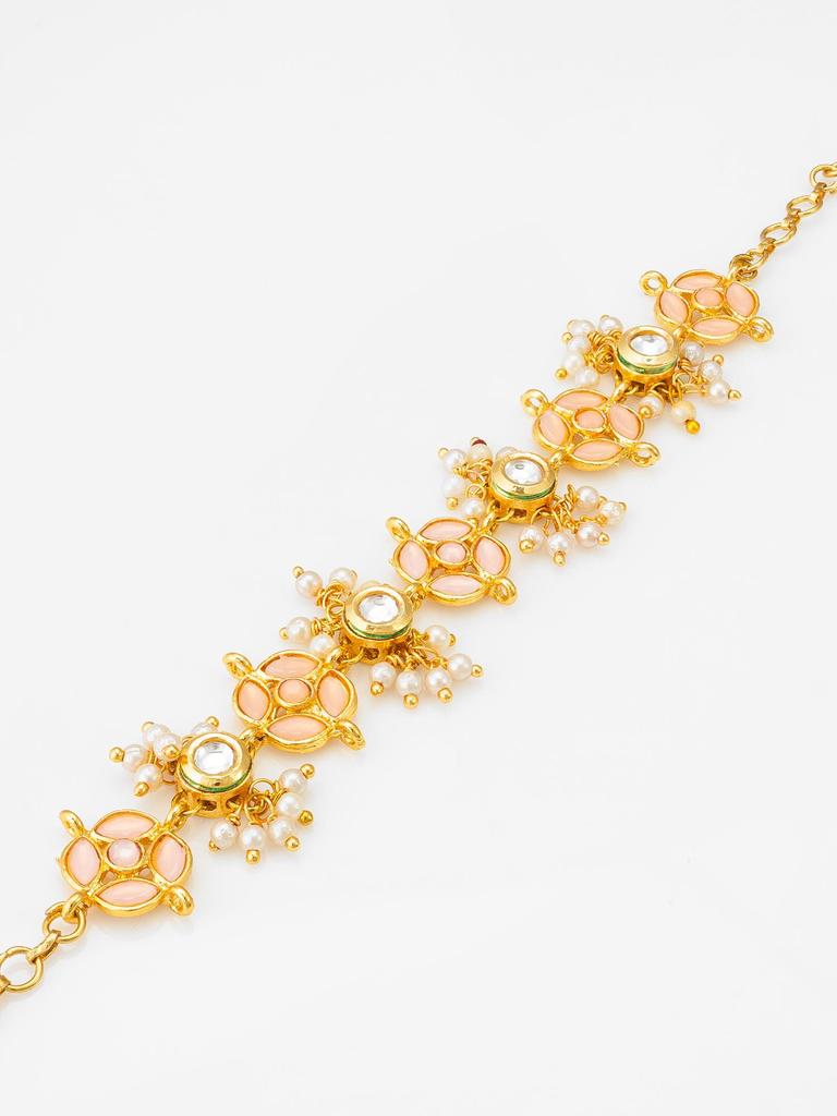Gold-Plated White & Peach Stone-Studded & Beaded Handcrafted Bracelet