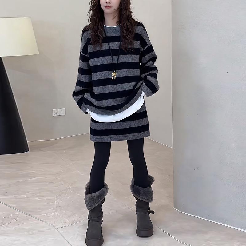 2025 European Plus Size Striped Knit Two-Piece Set: Loose Fit Long Sleeve Sweater & Skirt for Women