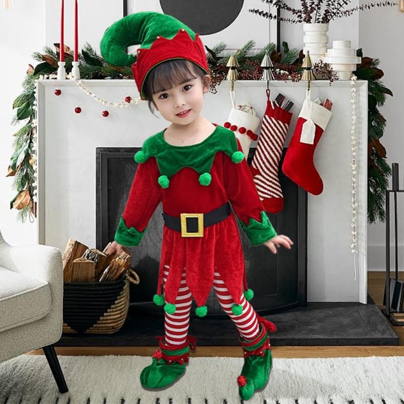 Children Christmas Dwarf Accessories for Boy Girl Kids Christmas Elf Costume Includes Elf Suit Elf Hat and Shoe Covers
