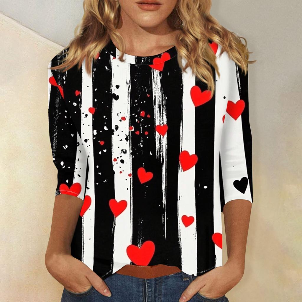 Damenmode Lässiges T-Shirt mit Rundhalsausschnitt und Dreiviertelärmeln zum Valentinstag mit Liebesherz-Aufdruck