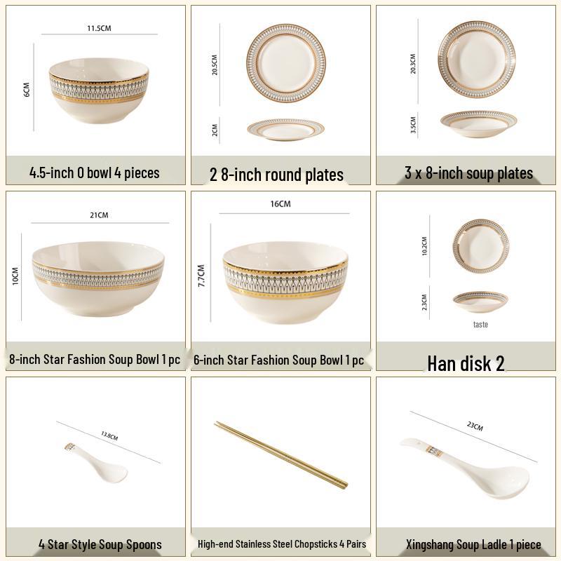 European Style Gold Rim Ceramic Dinnerware Set - Includes Large Bowls, Soup Bowls, Plates, and Rice Bowls for New Year Celebrations.
