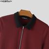 INCERUN Men Lapel Neck Stitching Short Sleeve Zipper Splits Fitted Casual Tops T-shirts
