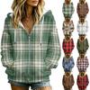 Women's Plaid Print Long Sleeve Hooded Jacket with Pockets and Casual Coat