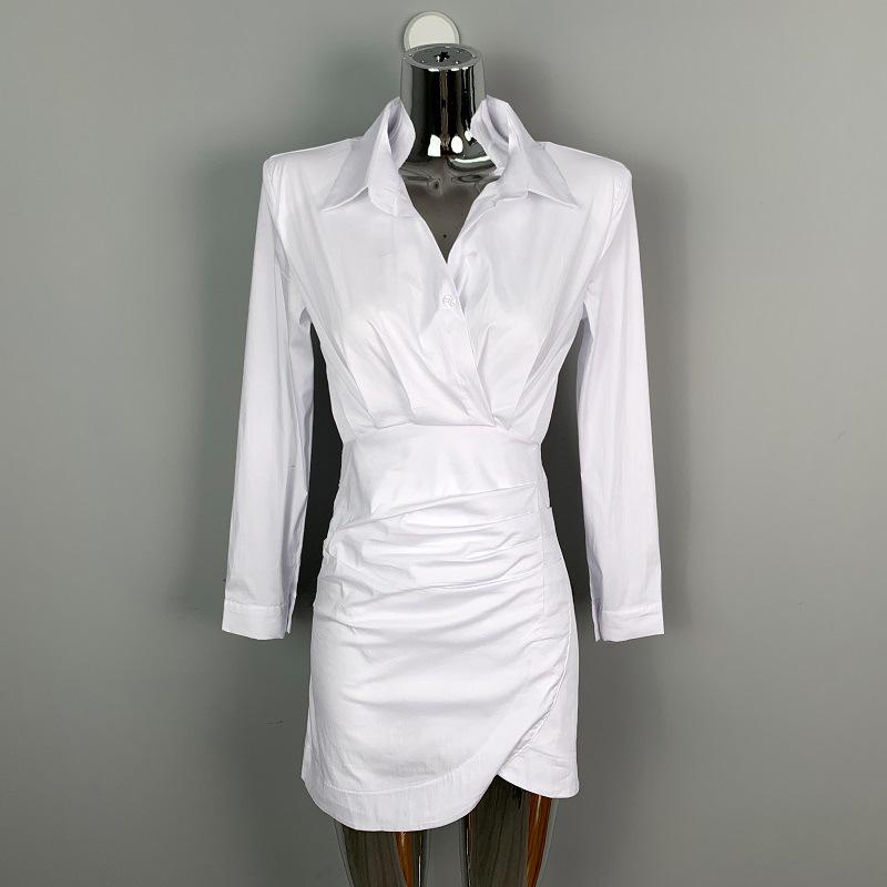 Südkorea Dongdaemun Slim Fit Feminines Plissee-Hemdkleid mit Schulterpolstern