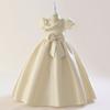 Satin Bow Party Girls Dress Elegant Short Sleeve Pink Bridemaids Princess Kids Dress for Girl Evening Birthday Prom Gown Vestido