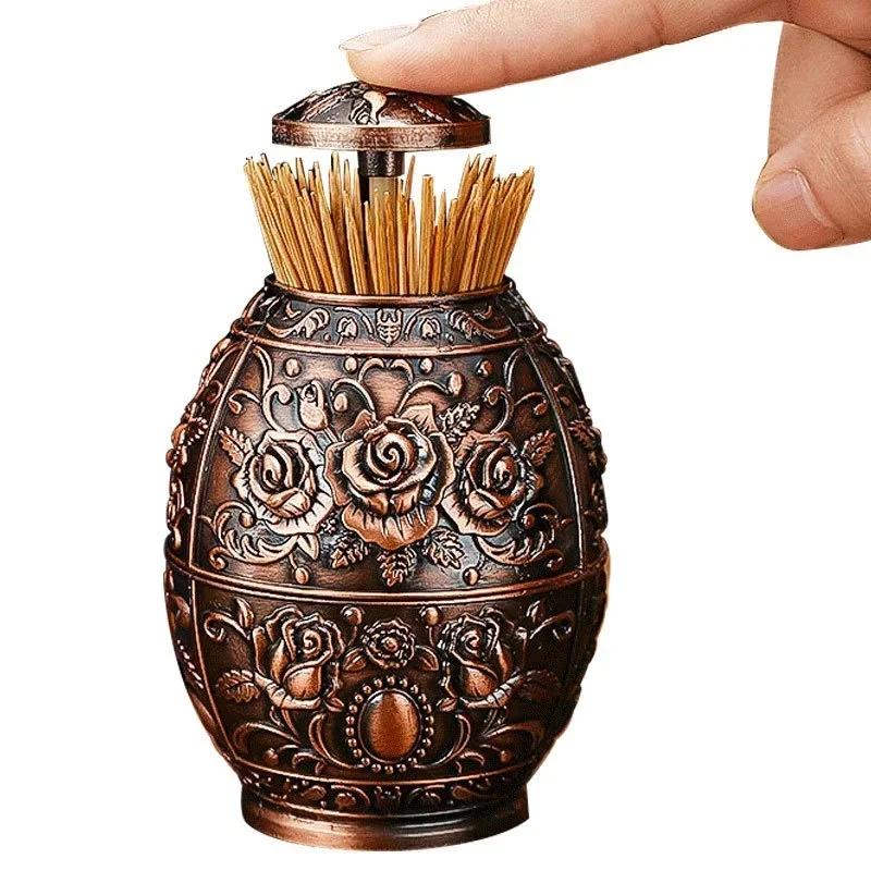 Automatický držák párátek Retro evropský styl Kov Nerezová ocel Lisovací typ Dávkovač Cure Dent Box Kuchyňské doplňky