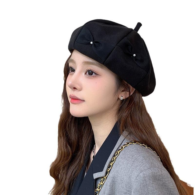 Japanese Sweet Bow Beret Female Cute Versatile Cloud Painter Hat Street Photography Fashion Woolen Octagonal Hat