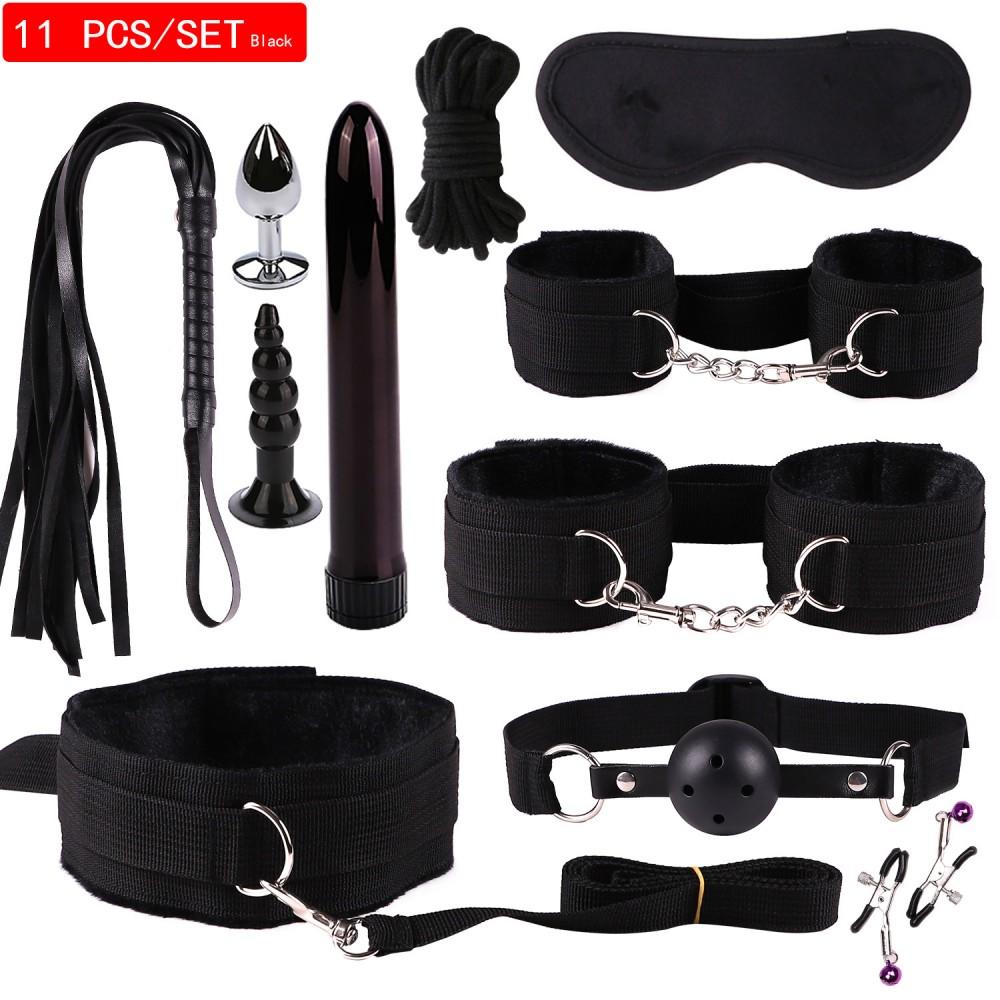 Sexy Nylon BDSM Kits Plush Sex Bondage Set Handcuffs Sex Games Whip Gag Nipple Clamps Sex Toys For Couples Exotic