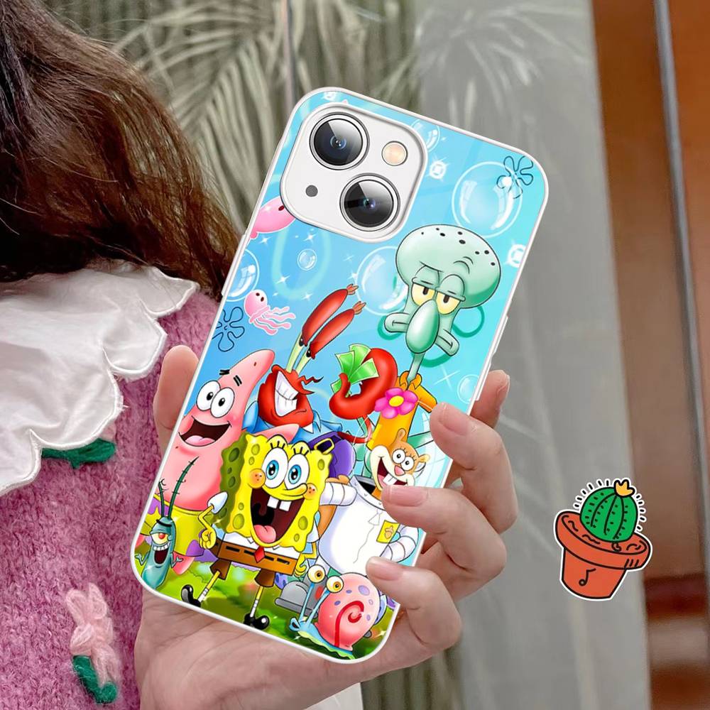 Cartoon Niedlich S-SpongeBob Anime Gehärtetes Glas Für Iphone 14 13 12 11 Pro Mini XS MAX 14Plus X XS XR Hüllen